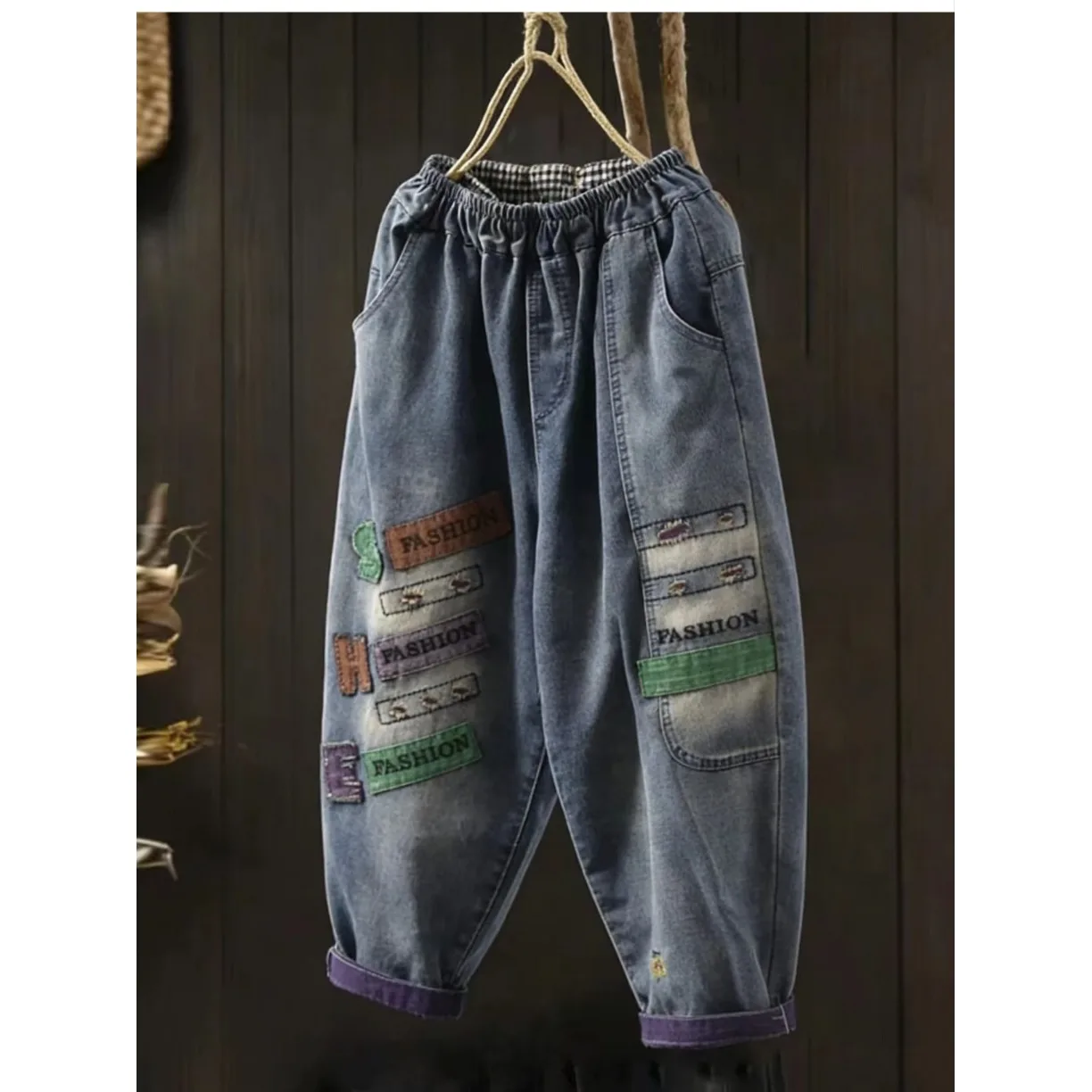 

Свободные джинсовые брюки с вышивкой в стиле Harajuku для женщин больших размеров, повседневные, прямого кроя, весна-лето, новинка