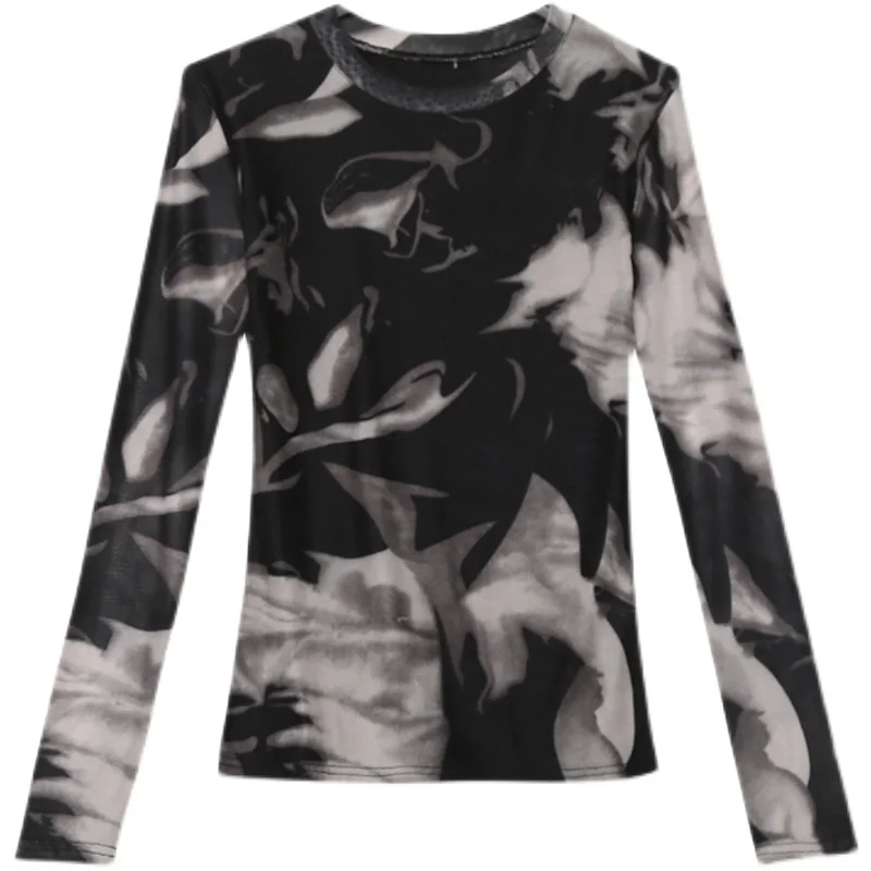 قميص نسائي طويل الأكمام ضيق وخفيف مصبوغ بالماء للخريف والشتاء والربيع