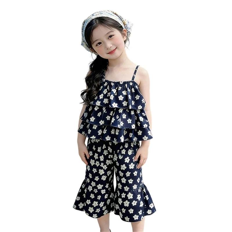 CORB 2Pcs Girls Fashion Set French Charm Ruffled T-Shirt And Flared Bottom Pants