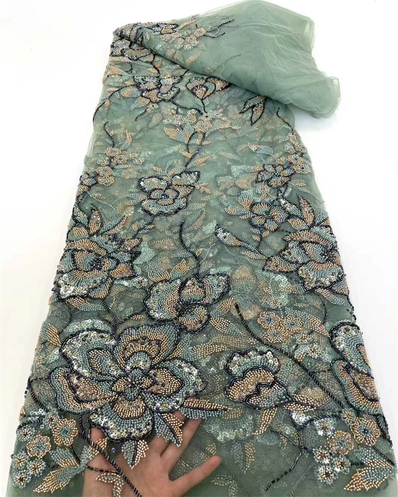 

Luxury African Lace Fabric 2025 High Quality Sequins Beads Lace Fabrics For Nigerian Wedding French Tulle Lace Fabric