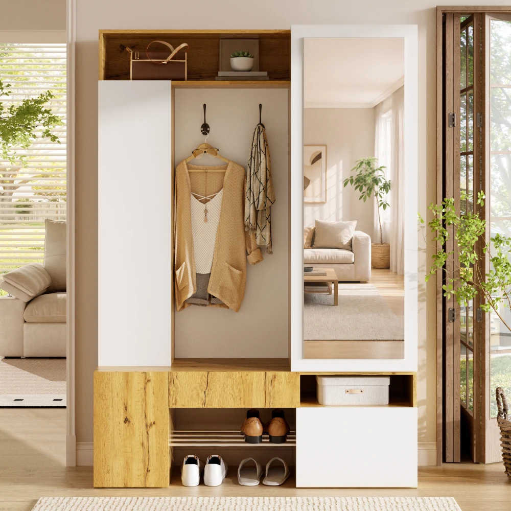 127 x 35 x 180,5 cm MDF-Kleiderschrank für den Flur, multifunktionales Garderobenmöbel mit Spiegel und Schuhschrank, integriertem Kleiderhaken, freistehender Aufbewahrungsschrank für den