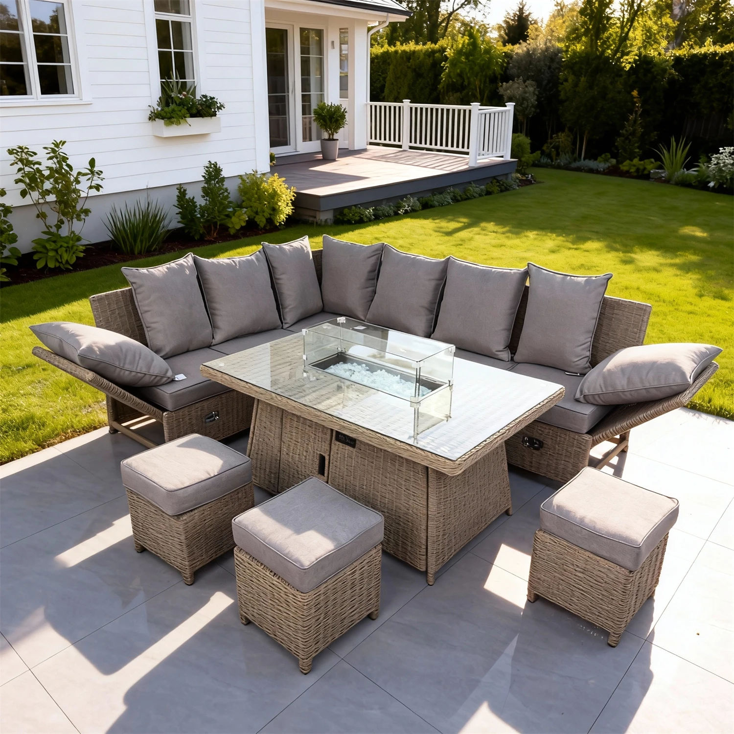 L-Shape Rattan Sofa Set with Fire Pit Table Custom Color Optional Weather Resistant Sectional Lounge Set with Ottomans