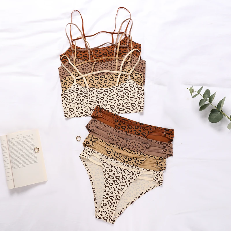 Gorąca sprzedaż Leopard lodowy jedwab Bralette bezprzewodowy aktywny biustonosz fitness Tracelss krótki bezszwowy biustonosz i zestaw majtek dla kobiet