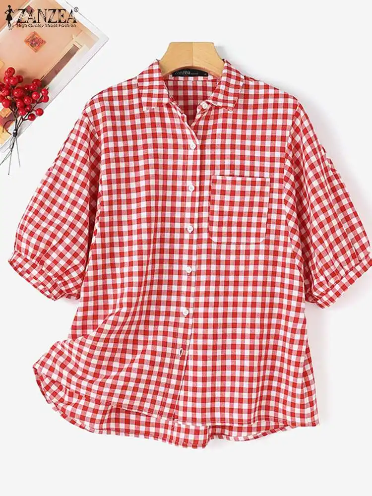 ZANZEA Women Plaid Checked Blouse Elegant OL Work Shirt Summer Lapel Neck 3/4 Sleeve Tunic Tops Casual Buttons Down Blusas Femme