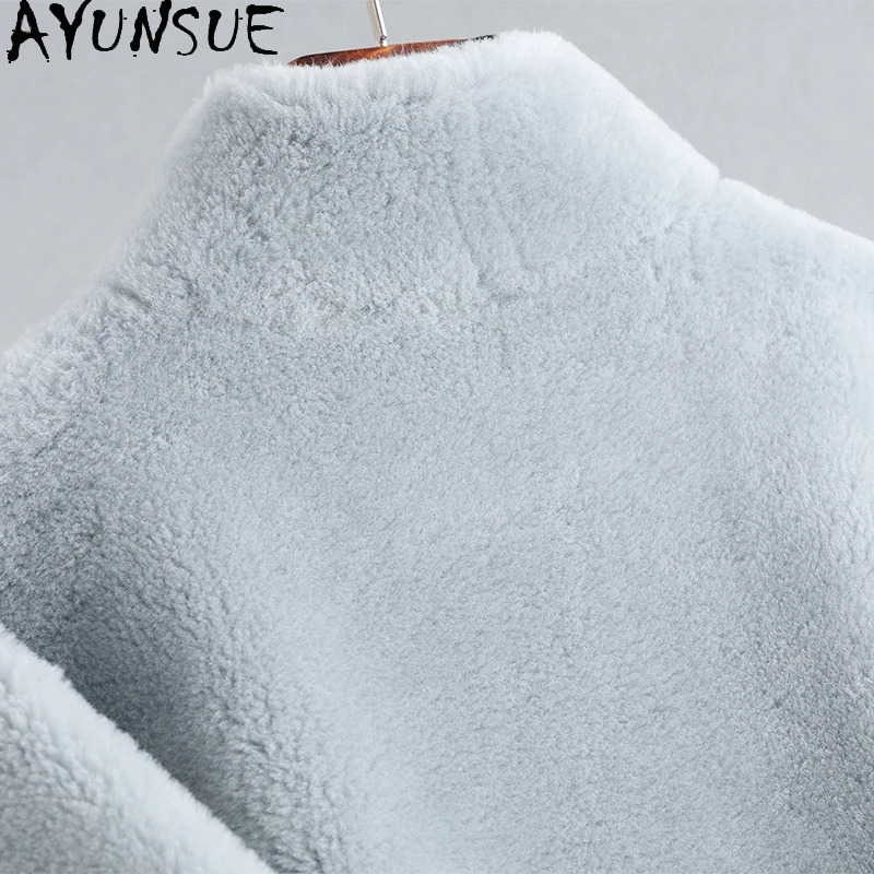 AYUNSUE Natural Wool Coats for Woman Stand Collar Mid Length Jacket Winter Lamb Fur Coat Woman Clothes 2025 New Ropa Para Mujer