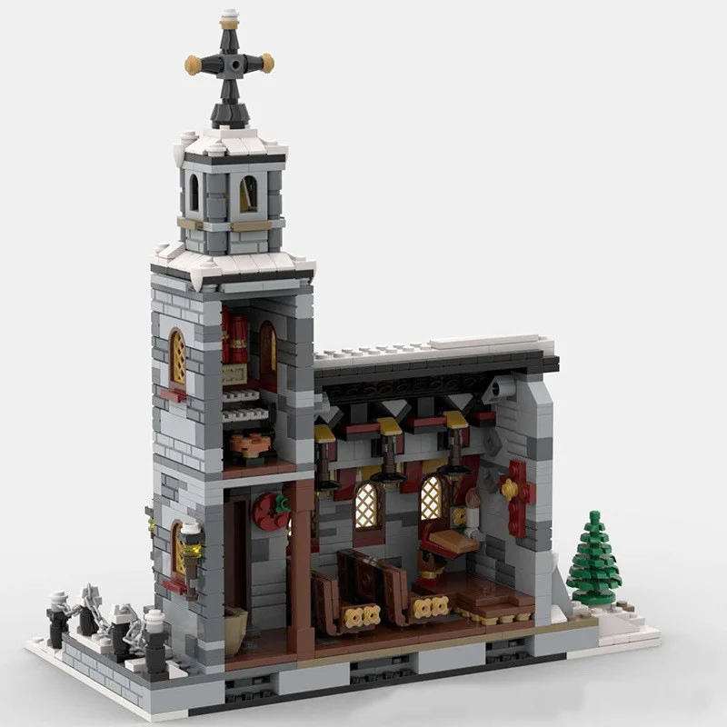 MOC Kerst Winter Kapel Plezier Sstreet View Model Bouwstenen Educatief Gebouw Speelgoed Creatieve Kerstcadeaus Kinderspeelgoed