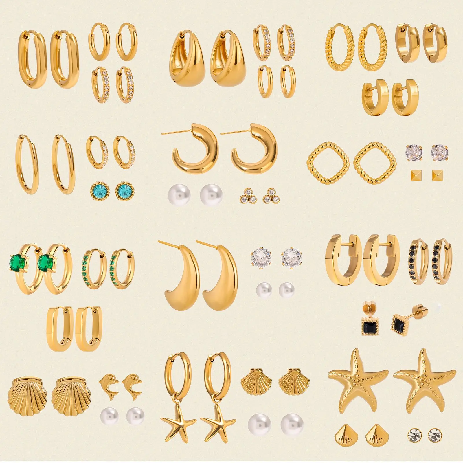 

3 Pairs/Set Stainless Steel Zircon Geometry Stud Earring Starfish Shell Imitation Pearl Gold Plated Ear Ring For Women Jewelry