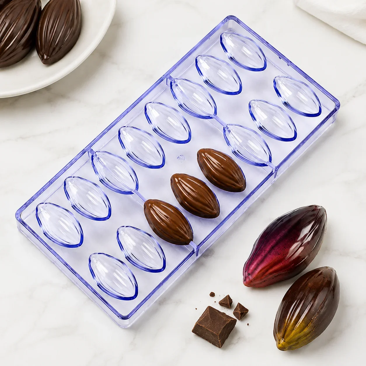 16 Cavity Polycarbonate Chocolate Candy Mold, Cocoa Bean Shape Confectionery Mould, DIY Baking Pastry Tool for Home Bakers