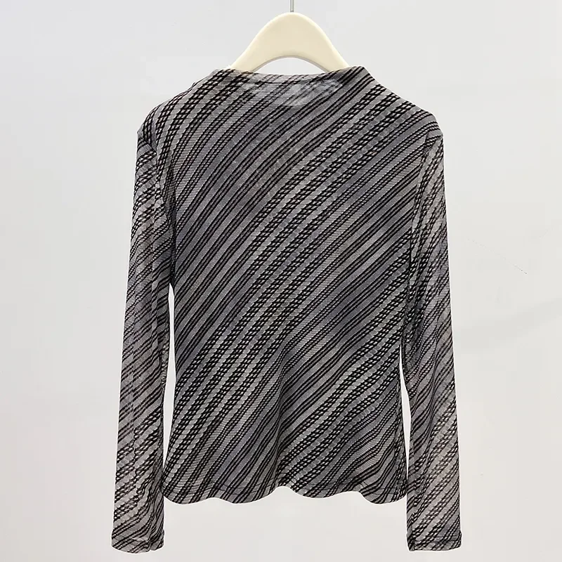 Noble and High-grade 2025 New Striped Long-sleeved Slimming Mesh Base Tops