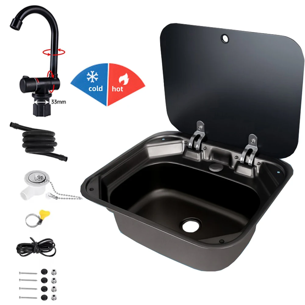 Black & Grey Camper RV Hand Wash Basin Sink – Heat/Cold Mixer Tap, Folded Faucet, Tempered Glass Lid, Sound-Absorbing Bottom
