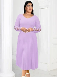 ONTINVA Pleated Dresses for Women Lavender V Neck Long Hollow Out Sleeve A Line Office Lady Casual Event Party Midi Gowns 4XL