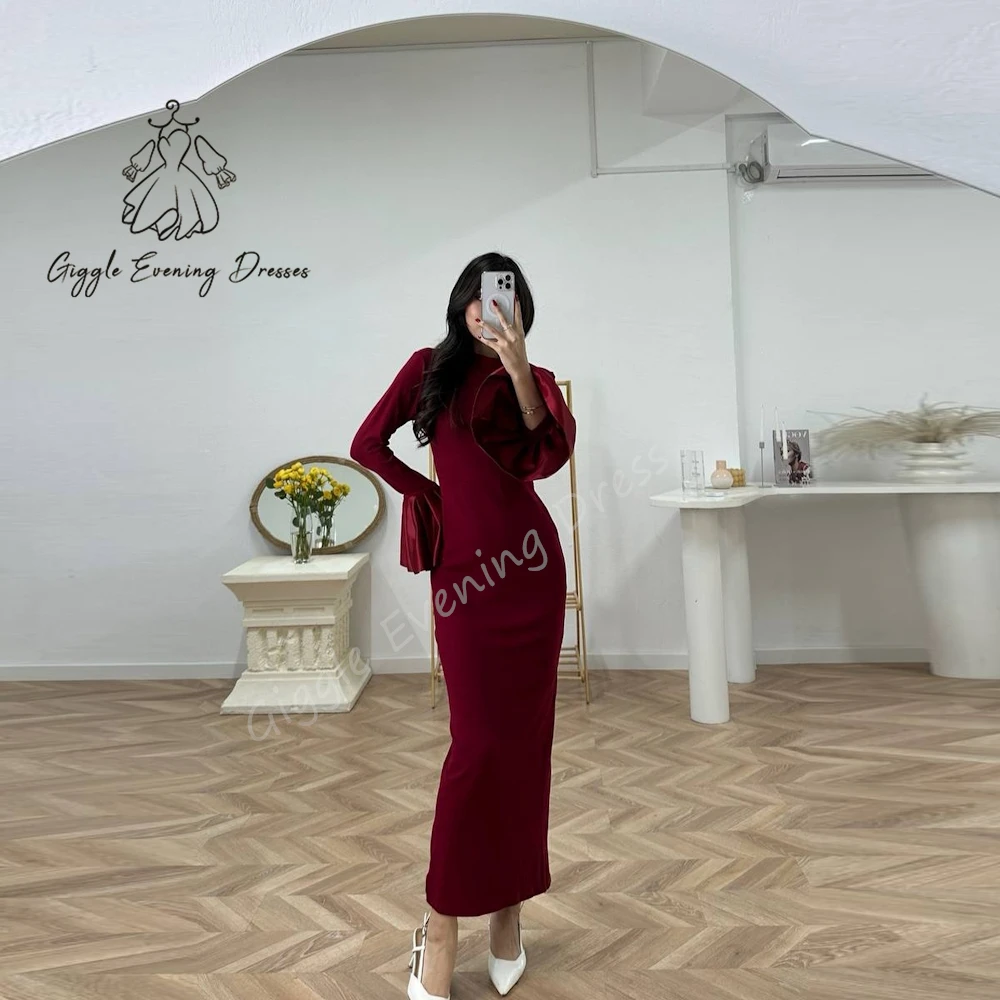

Customized Giggle Evening Dress O-Neck Crepe Straight Long Sleeves Ruched elegant Formal Saudi evening dress for women 2024
