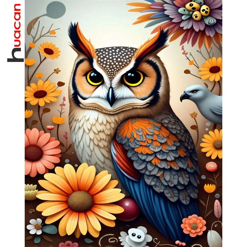 Huacan Acryl-Ölgemälde nach Zahlen, Eule, Tier, Zeichnung auf Leinwand, Sonnenblume, Handbemalung, Kits, Europa, Kunst, Wanddekoration