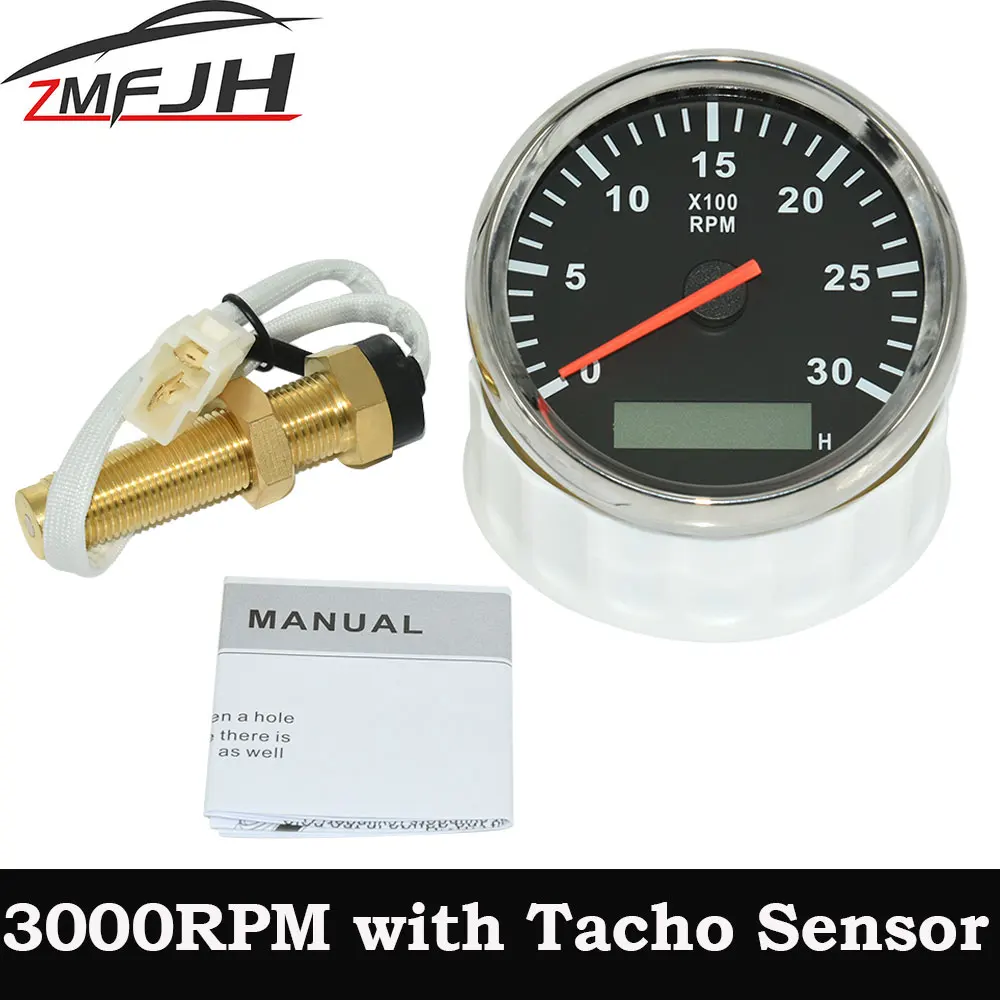 AD 85mm Tachometer 0-3000RPM Car Tacho Meter With Red Backlight For Car Marine Boat RPM Meter Gauge LCD Tacho Digital Hour Meter