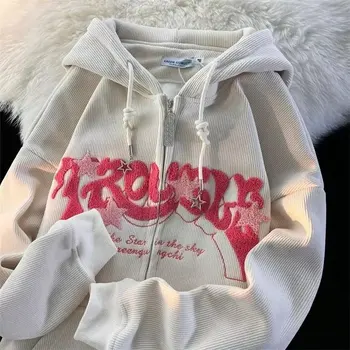 Fashion Embroidery Zip Up Hoodies Women Autumn Long Sleeve Tops Loose Hood Shirt Harajuku Y2K Clothes Female Sweatshirt Jacket 2