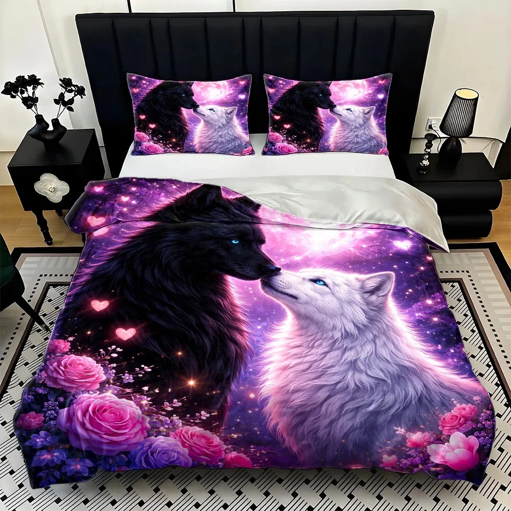 Dreamy Couple Wolf Floral Duvet Cover Set Multi Size Quilt Cover Queen Size Bedroom Bedding Decoration Machine Washable Adult Boy Girl Bedroom