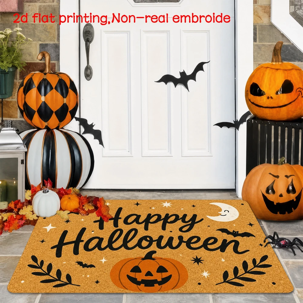 Happy Halloween Doormat Spooky Pumpkin Crescent Moon Welcome Rug Front Door Outside Entry Veranda Backyard Home Floor Ornament