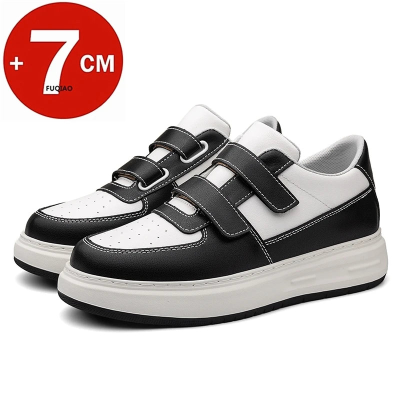 

fashion men elevator sneakers genuine cowhide hidden 7cm height lift hook loop casual street walking outdoor sport footwear