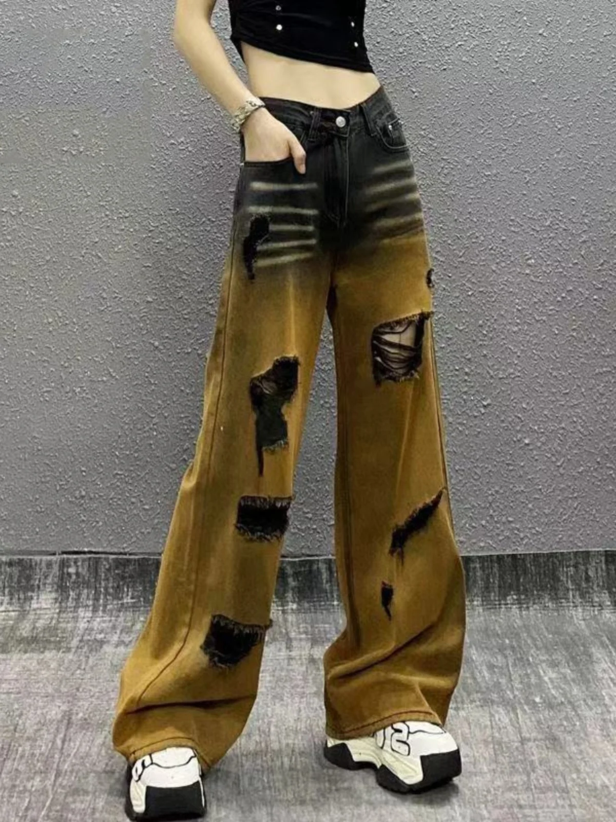 

adient Color Distred Design High Waist Wide Leg Jeans Women's Spring New Sle Loose Slimming Straight Cut Denim Pants