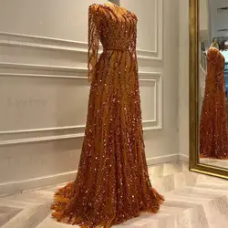 2025 Customized Orange Evening Dresses Long Sleeves A Line Formal Party Dress Aso Ebi Shiny Sequined Prom Engagement Gowns Robes