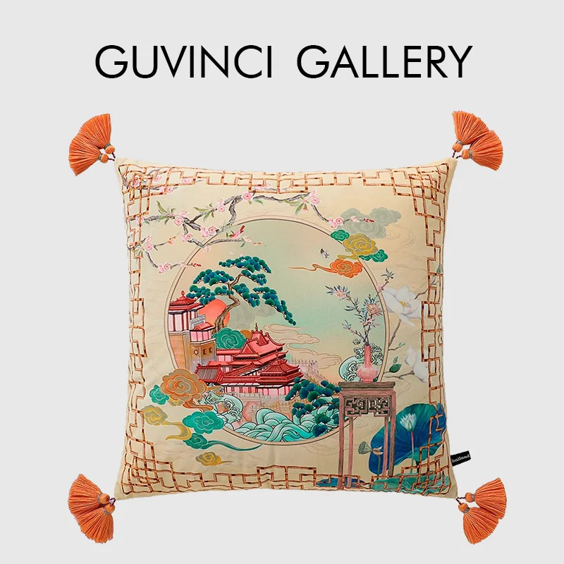 GUVINCI Western Interpretations Of Asian Art Themed Cushion Cover Ancient Royal Palace Imprint Velvet Pillowcase Chic Home Decor