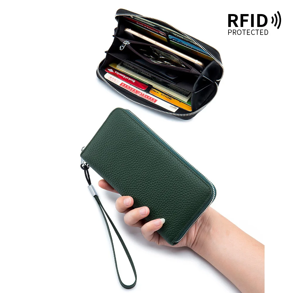 Womens Wallet RFID Blocking Genuine Leather Luxury Design Zip Around Wallet Clutch Wristlet Travel Long Purse Handbags
