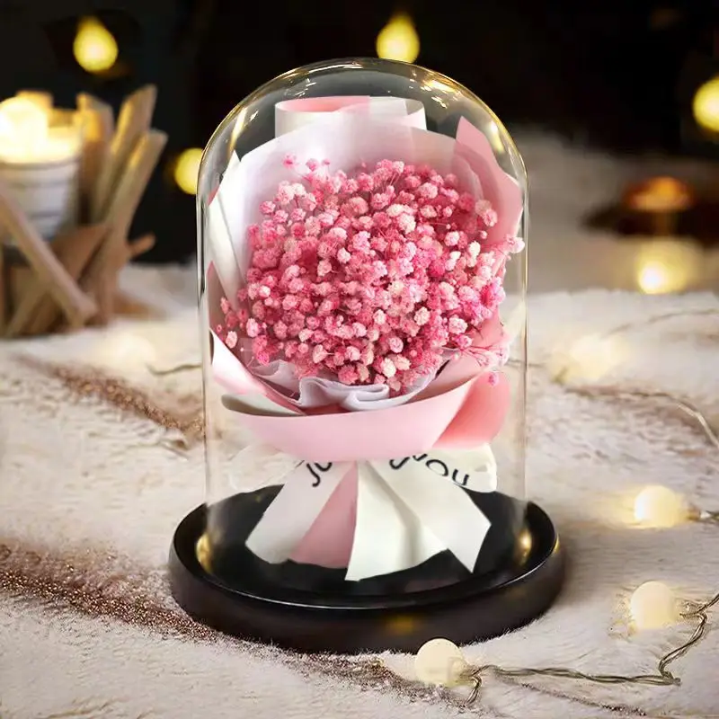 Soap Immortal Home Decor Glass Dome Artificial Sun Flower LED Rose Bouquet Girl Favorite Gift Box Romantic Valentine Mother Day