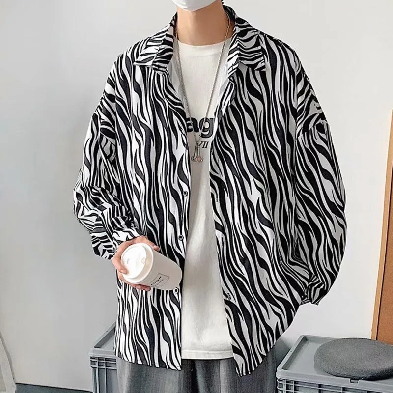 

Autumn Shirt Men Casual Black White Zebra Striped Lapel Shirt Long Sleeve Male Blouse Fashion Loose Punk Street Shirts