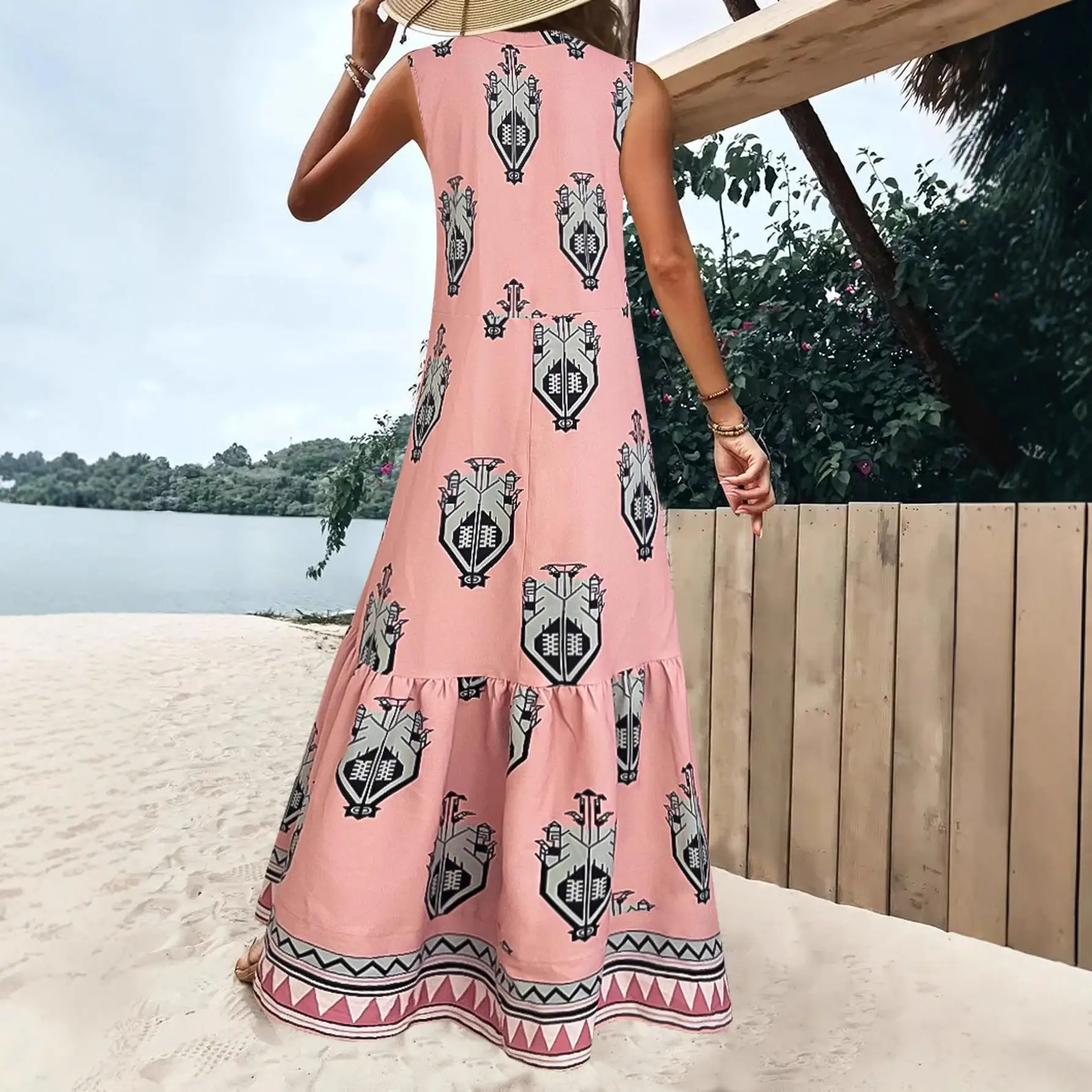 보헤미안 프린트 맥시 드레스 딥 V넥 민소매 여름 드레스 큰 사이즈 캐주얼 스타일 루즈핏 허리 트리아세테이트 섬유