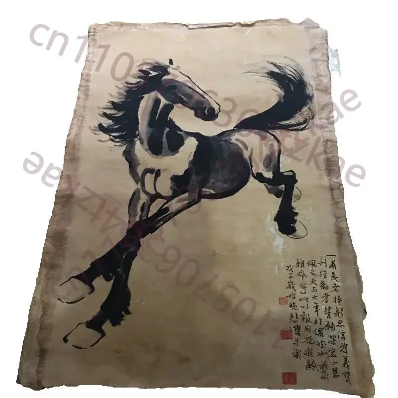 Chinese Old Scroll Artist's Rice Paper Wall Art Slice Featuring Xu Beihong's Equestrian Painting Traditional Asian Decor