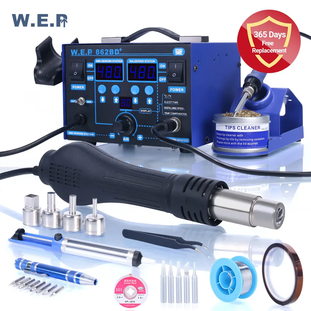 WEP 862BD+ Digital Ajustable Soldering iron Hot Air Soldering Station for DIY 720W SMD BGA Rework Station Desoldering Station