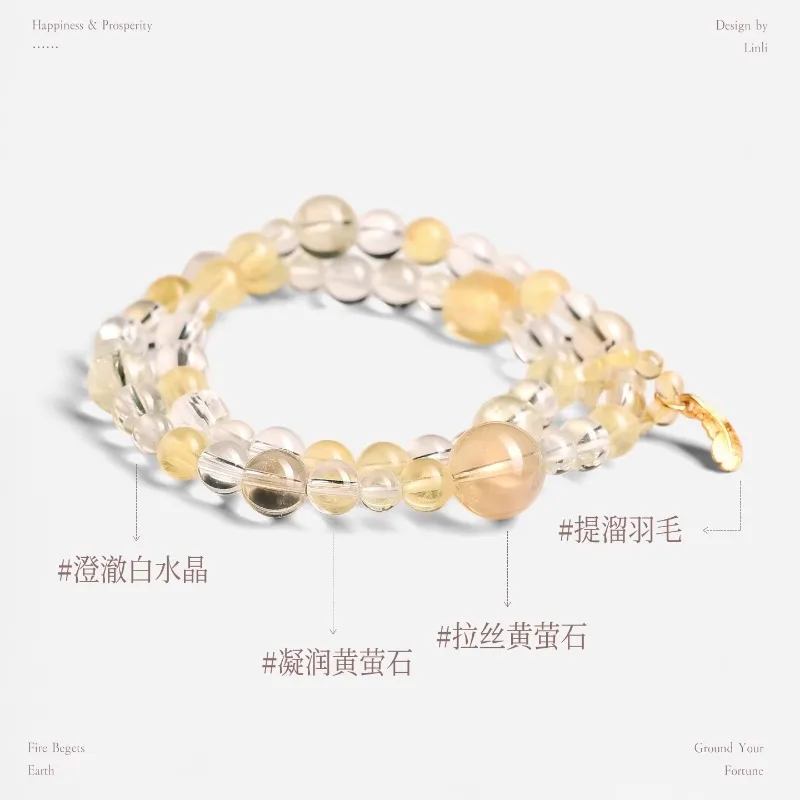 Chinese Style Natural Clear Quartz Yellow Fluorite Double Layer Bracelet For Women Good Luck Fortune Blessing Wealth Attracting