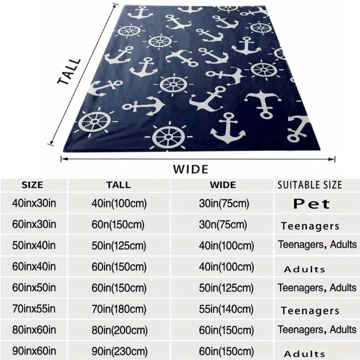 Large Navy Blue Nautical Anchor Wheel Throw Blanket 150x200cm Cozy Living Room Home Decoration Gift