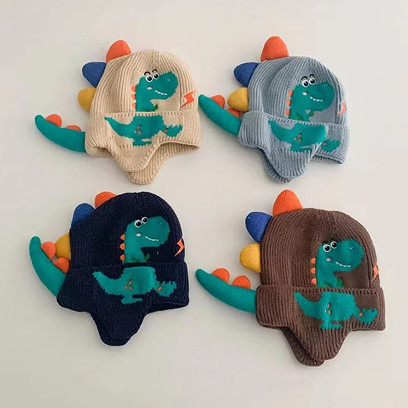 

Baby Dinosaur Hats 1-3 Years Colorful Knitted Beannies Winter Warm Infant Caps Casual Solid Color Cute Kids Beannies