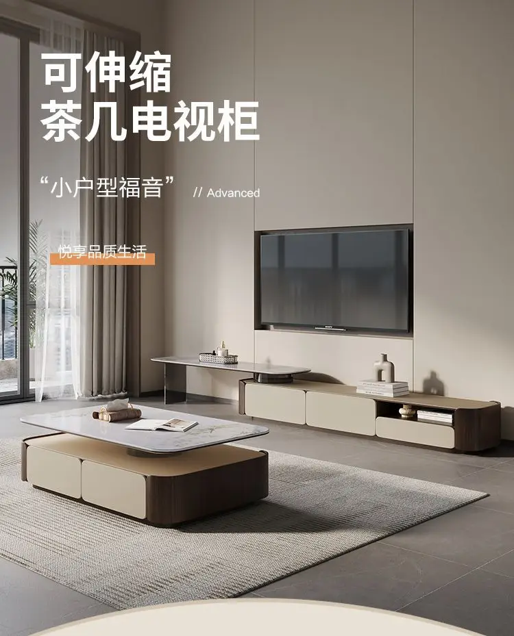 Drehbare kleine Wohnung, leichte, luxuriöse, rechteckige Steinplatte, Couchtisch aus massivem Holz, einziehbarer TV-Schrank