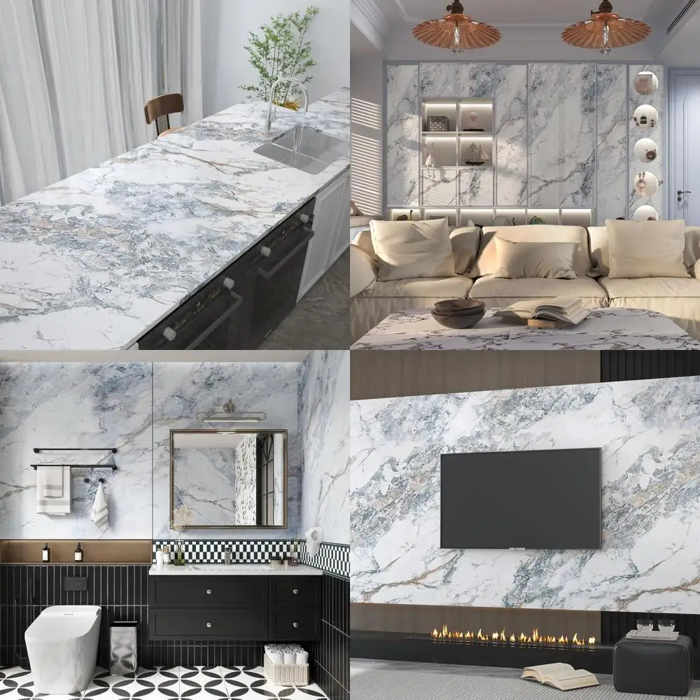 

32x35.4 Large White Blue Marble Vinyl Waterproof Wallpaper for Kitchen Countertops and Backsplash