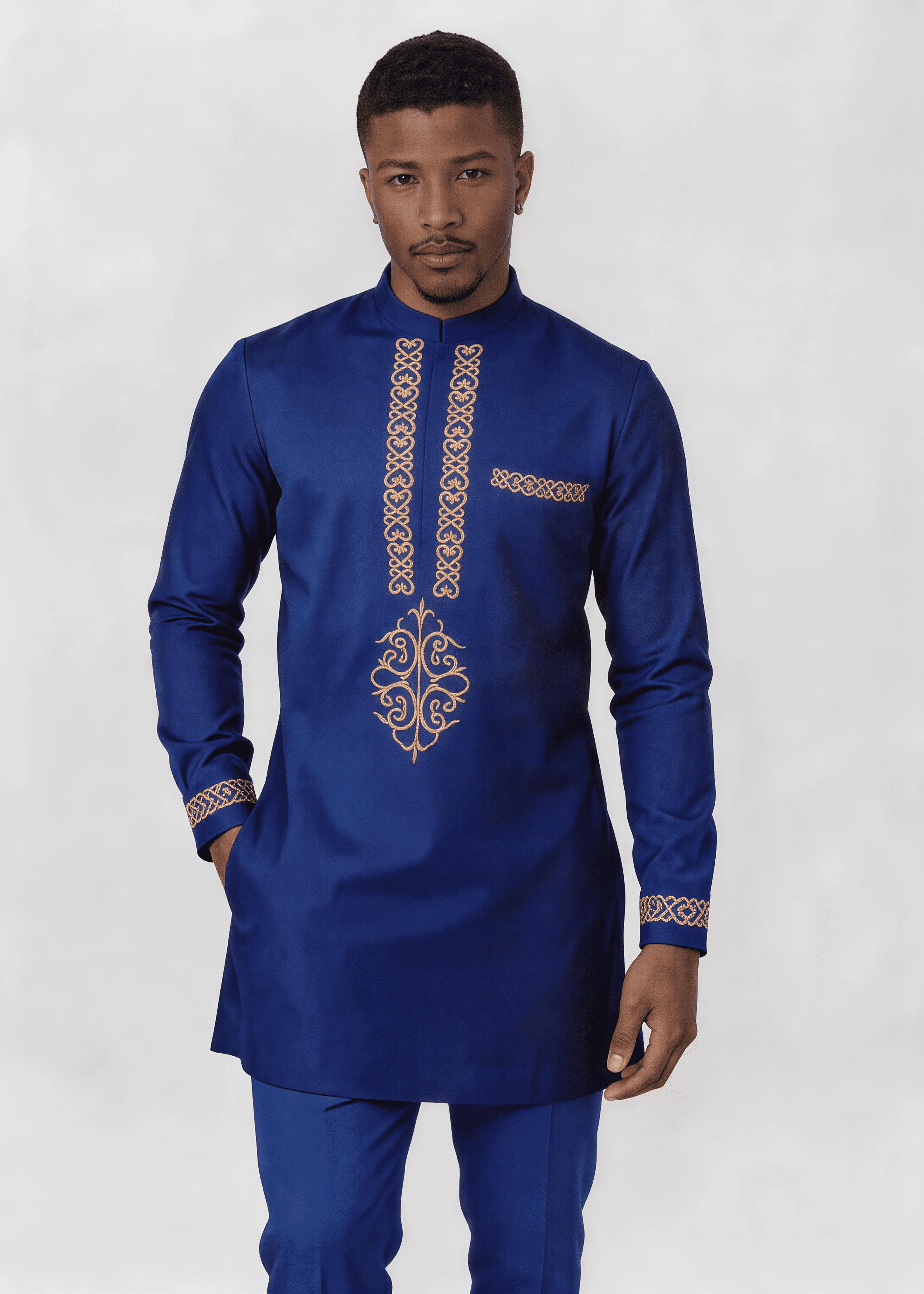 Men African Dashiki 2‑Piece Outfit, Gold Embroidery Long Sleeve Tunic Top & Matching Pants, Traditional Wedding Party Suit