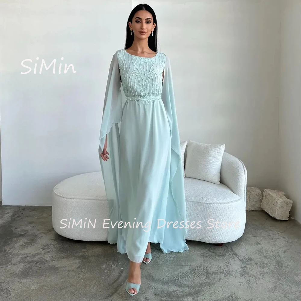 

Simin Saudi O-Neck Chiffon A-line Ruffle Long-Sleeves Beaded Sash Simple Ankle-Length Arab Evening Party dresses for women 2024