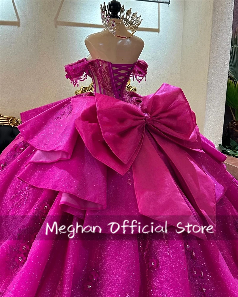 Fuchsia 3D Flower Quinceanera Dresses Bead Appliques Bow 2025 Birthday Luxury  Dress Off The Shoulder Princess Gown Customized