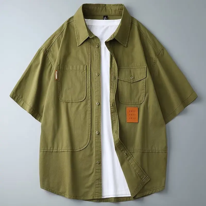 M-6XL Loose Men Cargo Shorts Shirts High Quality Summer Cotton Shirts for Man Green Black Oversized Top New 2025