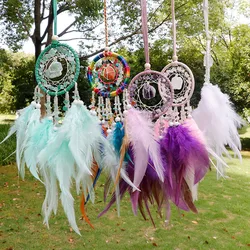 Natural Crystal Raw Stone Handmade Dream Catcher with Feathers Amethyst Black Tourmaline Healing Crystals Car Hanging Ornament