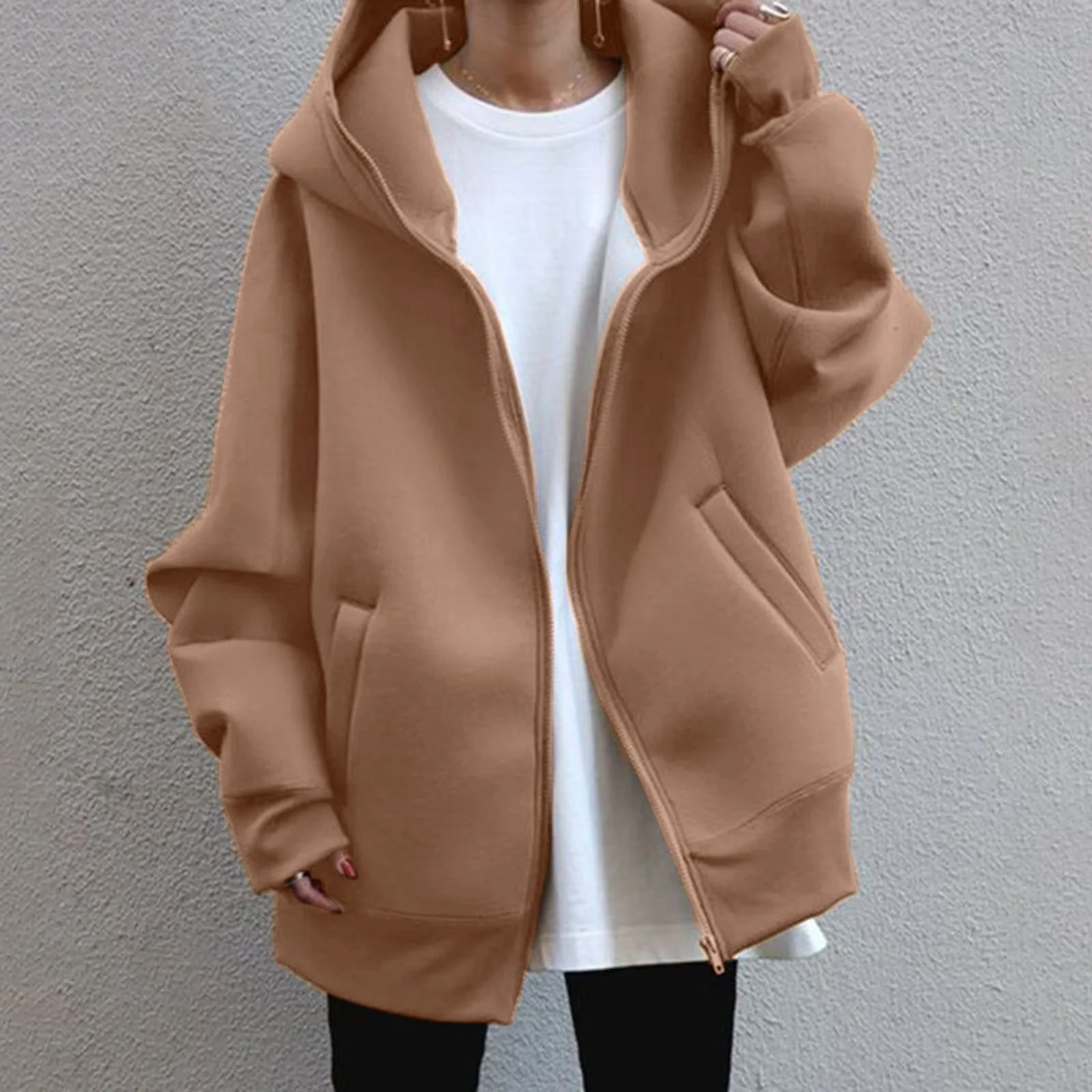 Loose Streewear Hoodies Women Zipper Hooded Sweatshirt Coat Jacket Solid Color Top Coat Long Sleeve Female Blouse Fashion Hoodie