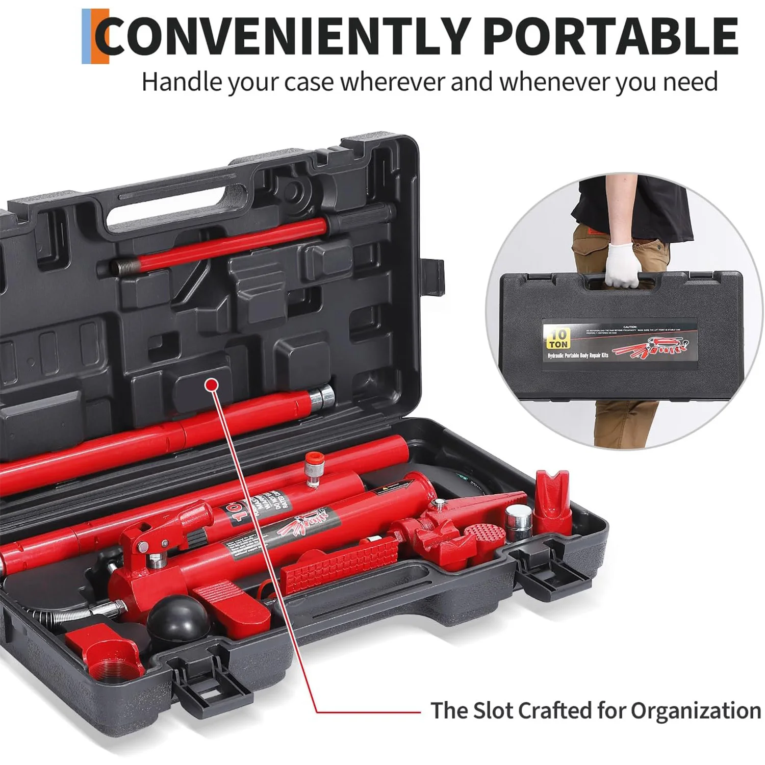 طقم جاك هيدروليكي 10 طن، طقم طاقة بورتا مع مضخة مع خرطوم زيت 4.6 قدم/1.4 متر، جاك هيدروليكي محمول مع حقيبة تخزين