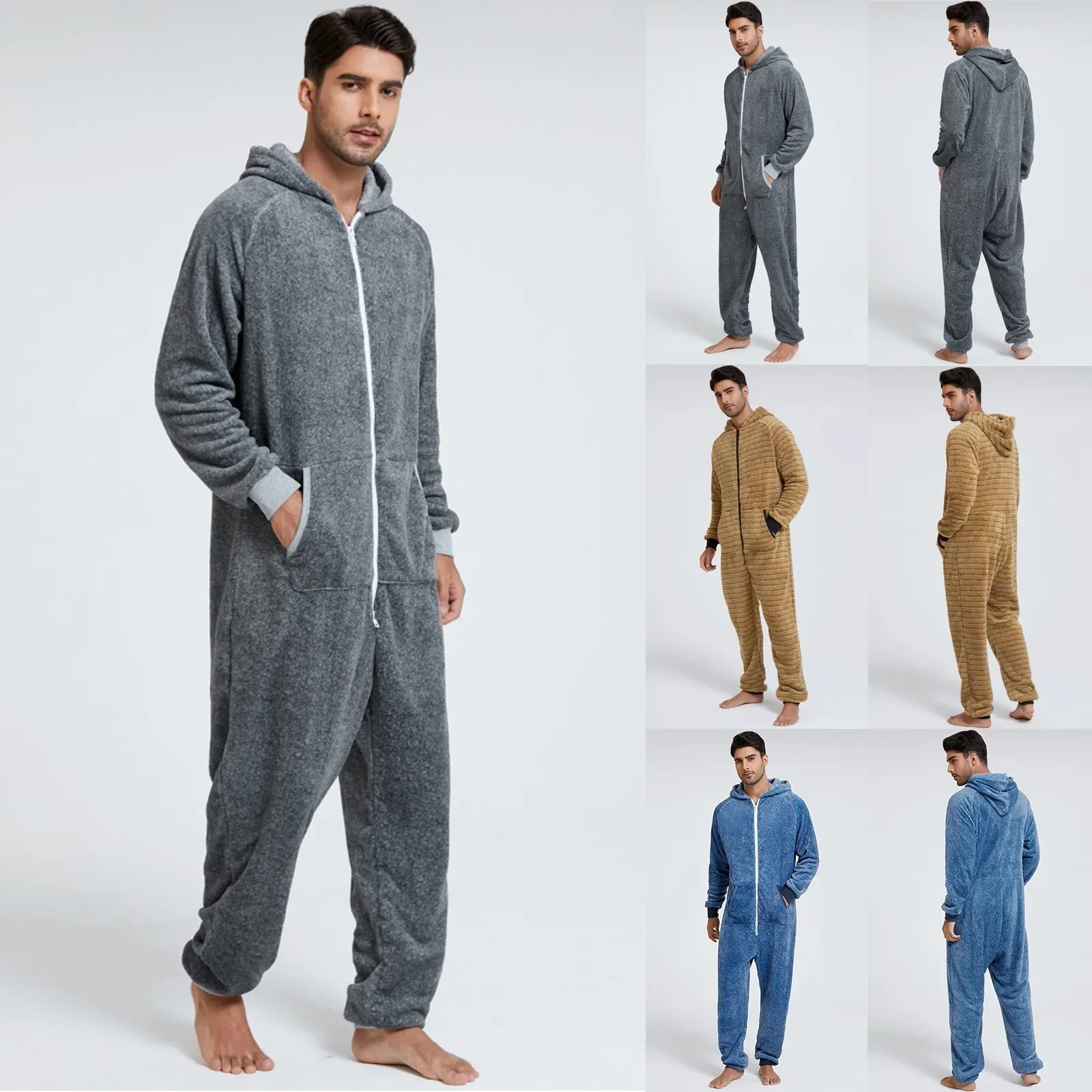 Thick Hooded Jumpsuit Men Solid Color Flannel Onesie Pajamas Adults Winter Autumn Warm Sleepwear Anime Costume Onesies For Men