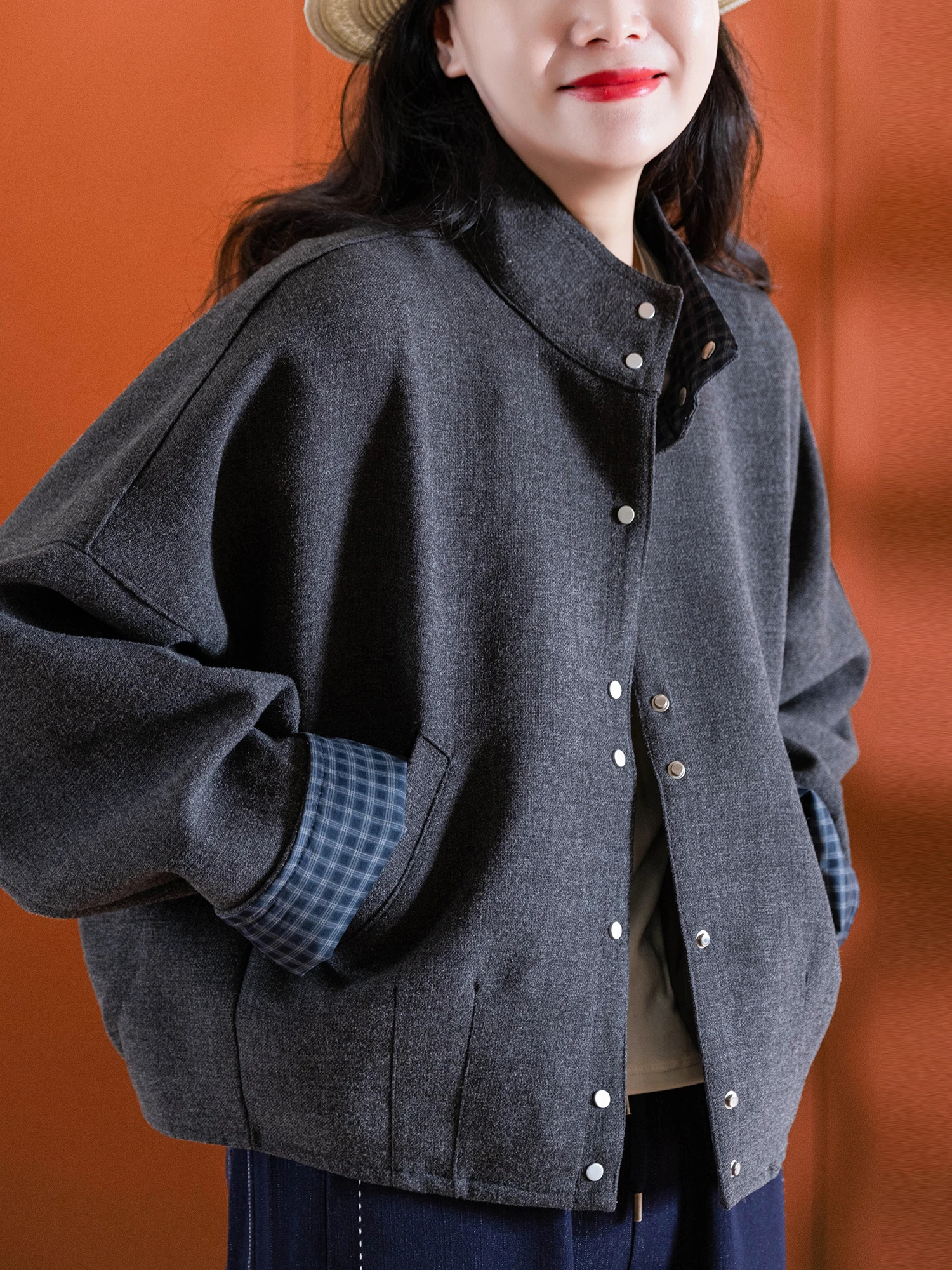 

Skin-friendly Cotton Stand Collar Jaet Heavyweight Waed Plaid Patchwork Simple Flip- Outerwear for Women by XiaoErPro...