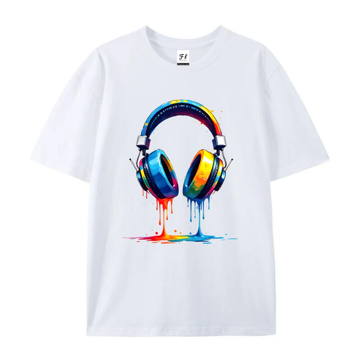 Unisex Short Sleeve T Shirt Color Drip Headphone Graphic Tees Music Graffiti Print Casual O Neck Summer Tops For Men Women