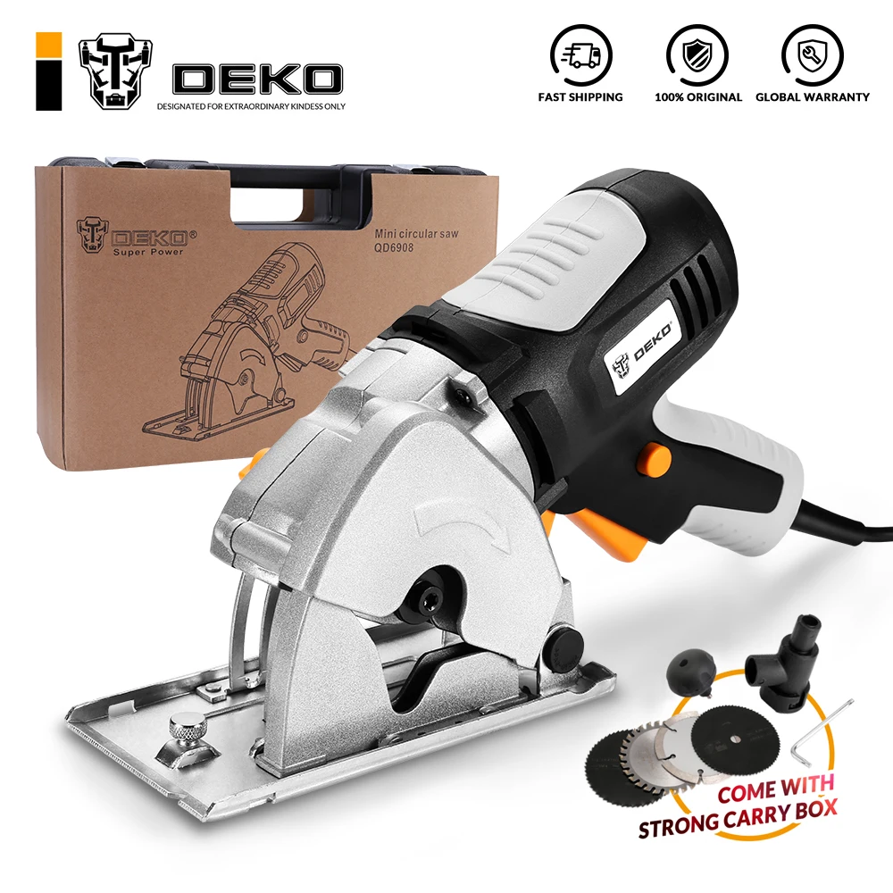 Deko-mini serra circular dkms85q2, com 4 lâminas, caixa bmc, sistema de segurança elétrica, faça você mesmo, segurança pessoal
