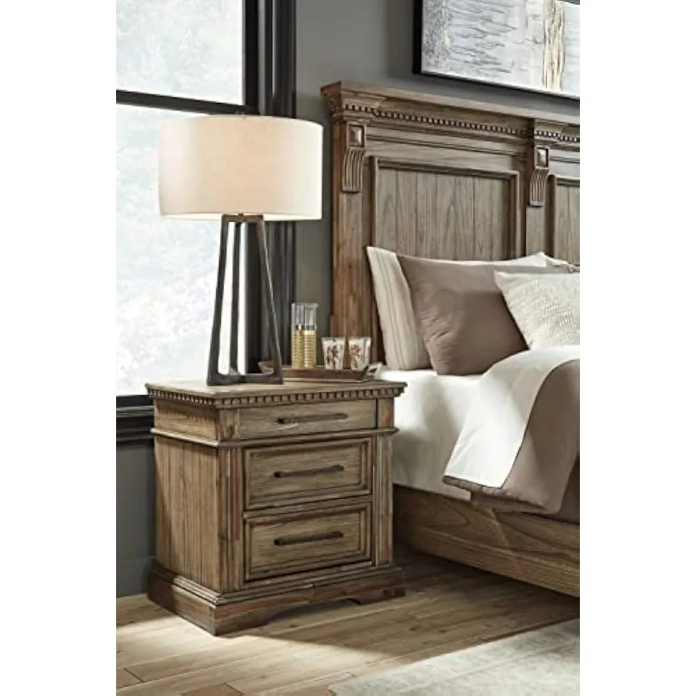 Markenburg traditional 3-drawer bedside table with USB charging port, brown and beige, can be used to decorate the living room