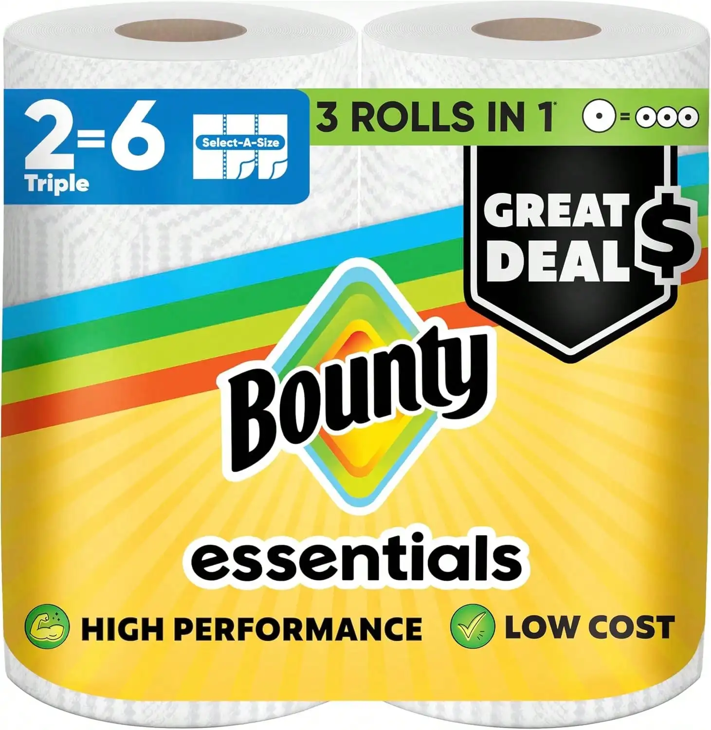 Essentials Select-A-Size Paper Towels, White, 2 Triple Rolls = 6 Regular Rolls (Packaging May Vary)