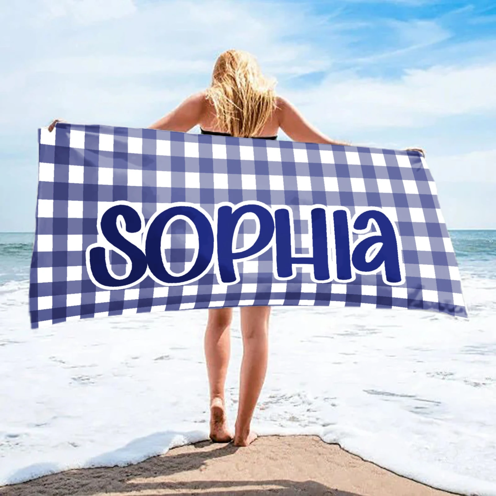 Custom Name Beach Towels Navy Blue Plaid Bath Towel Absorbent Quick-Drying Soft Swimming Towels Birthday Gifts For Adult